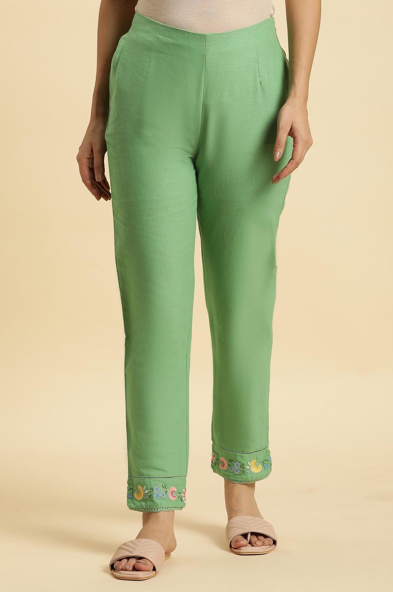 Green Slim Pants Wit Embroidery At Hem - wforwoman