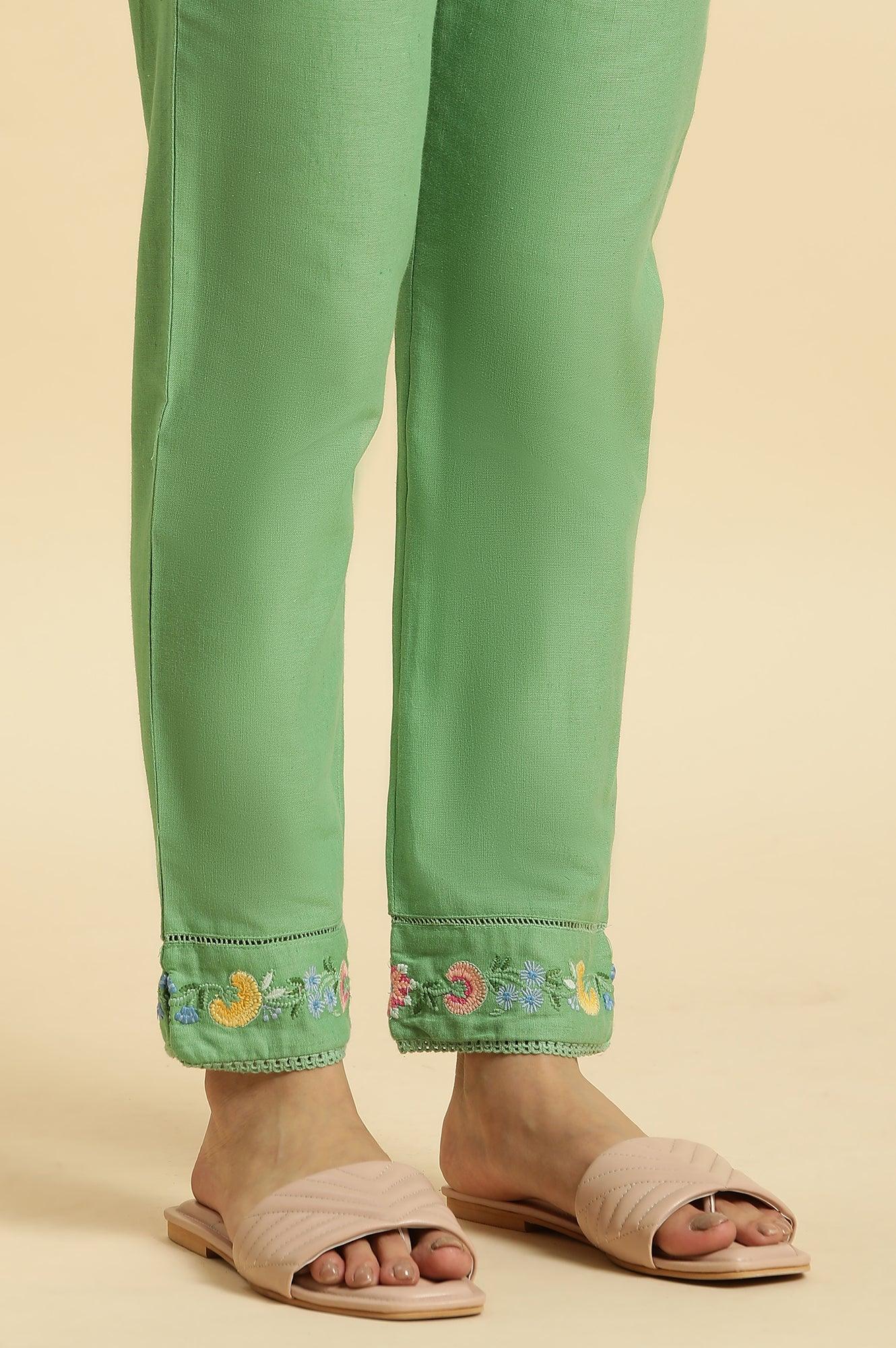 Green Slim Pants Wit Embroidery At Hem - wforwoman