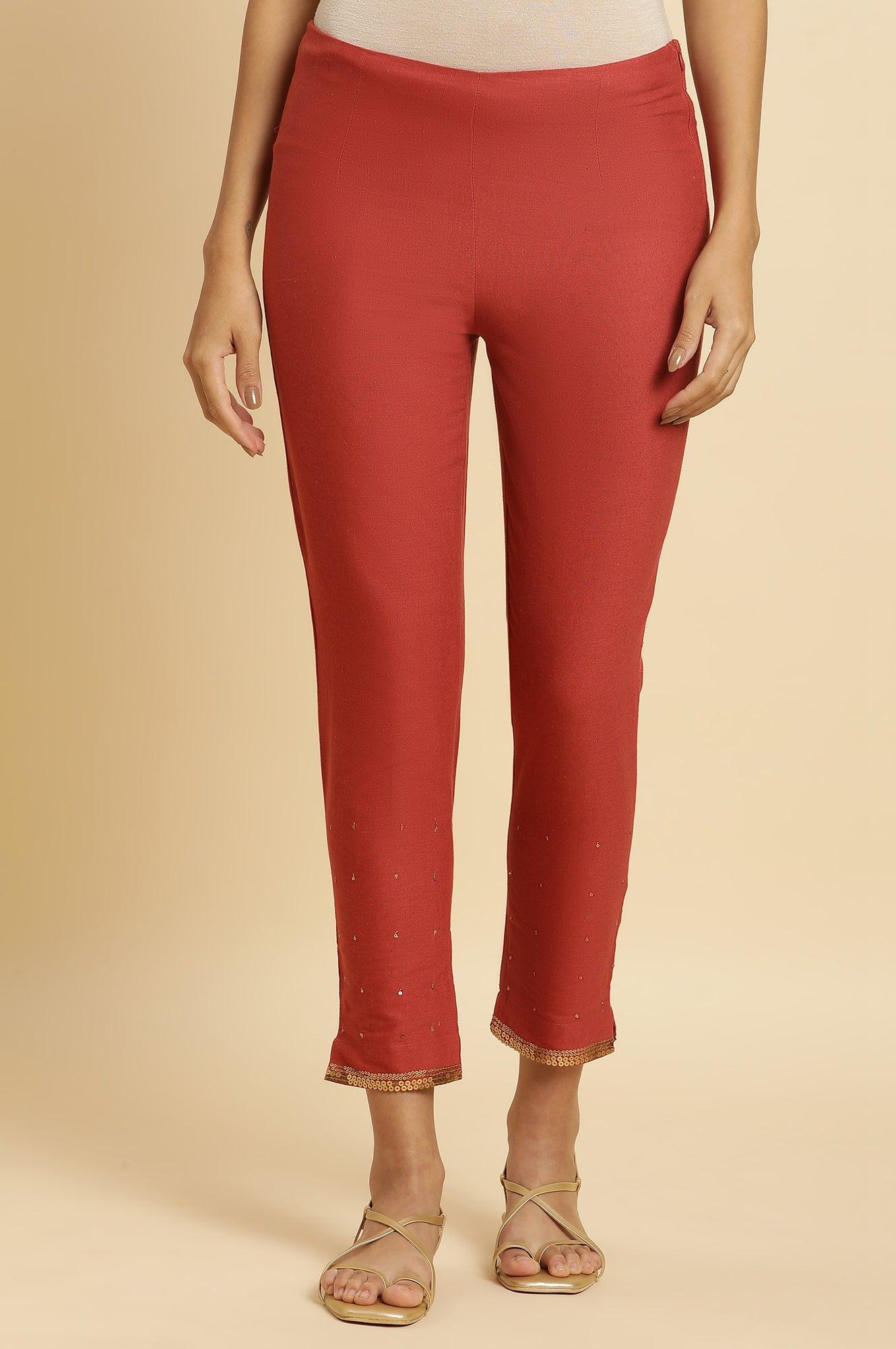 Rust Red Embellished Solid Slim Pants - wforwoman