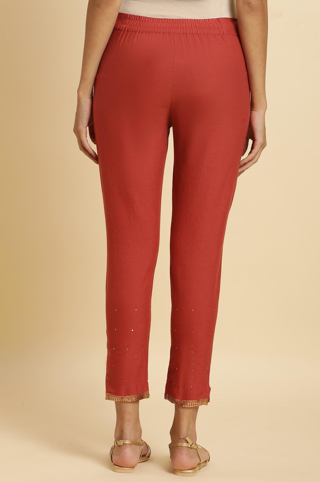 Rust Red Embellished Solid Slim Pants - wforwoman