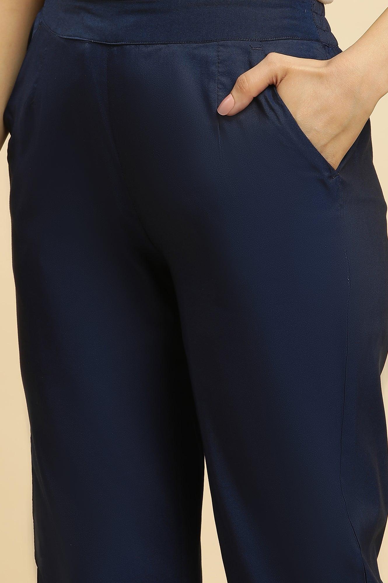 Blue Solid Pants With Metallic Sequin Hemline - wforwoman