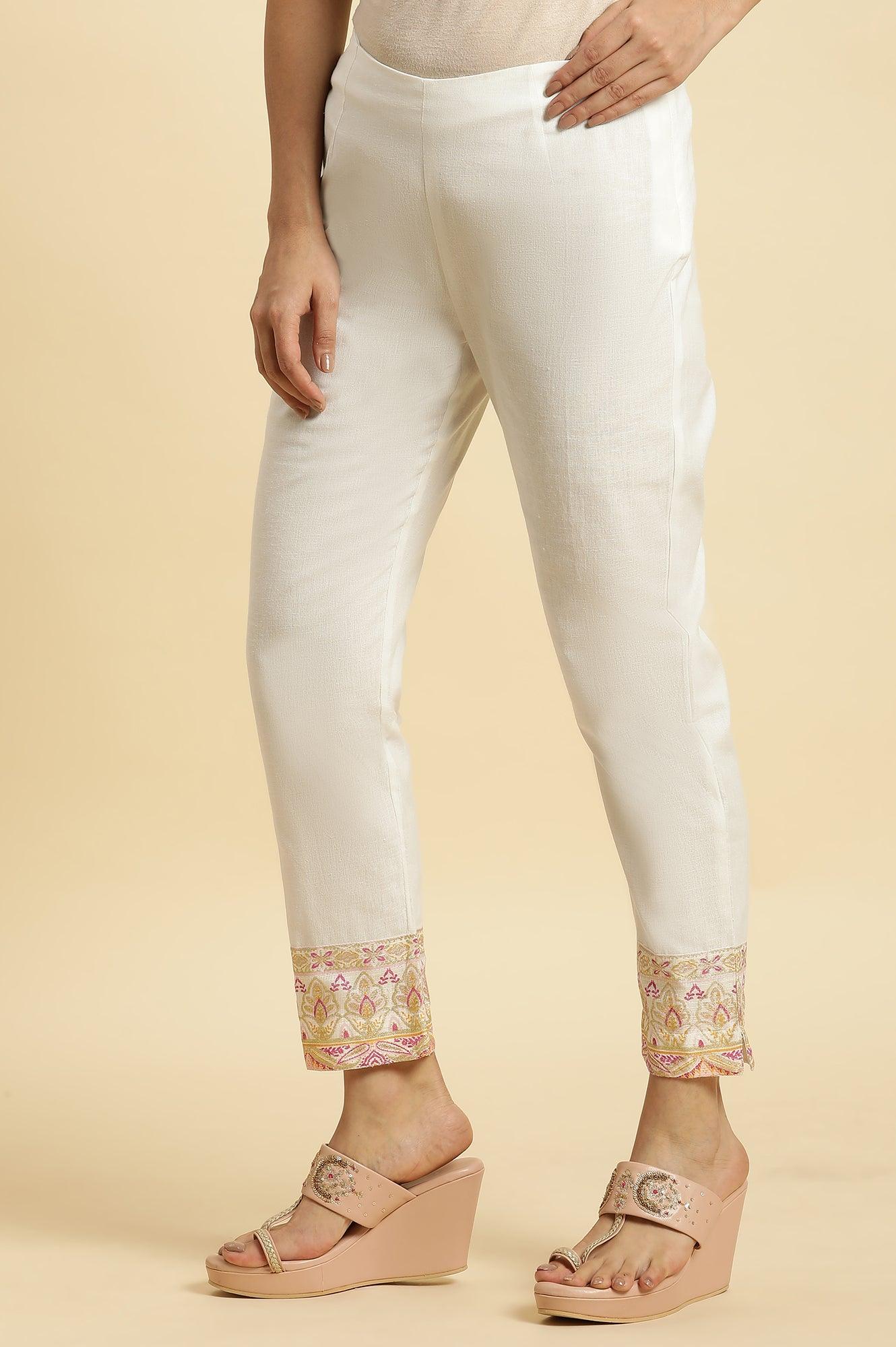 Ecru Solid Slim Pants With Printed Kota Border - wforwoman