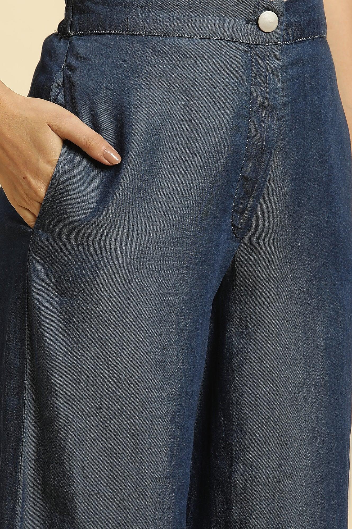 Blue Wide Leg Denim Flared Pants - wforwoman
