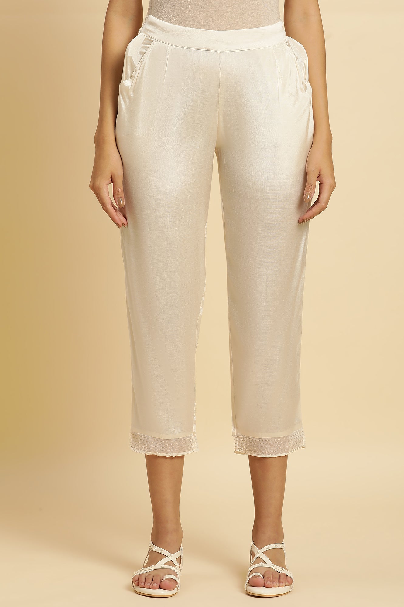 Cream Shantung Solid Slim Pants