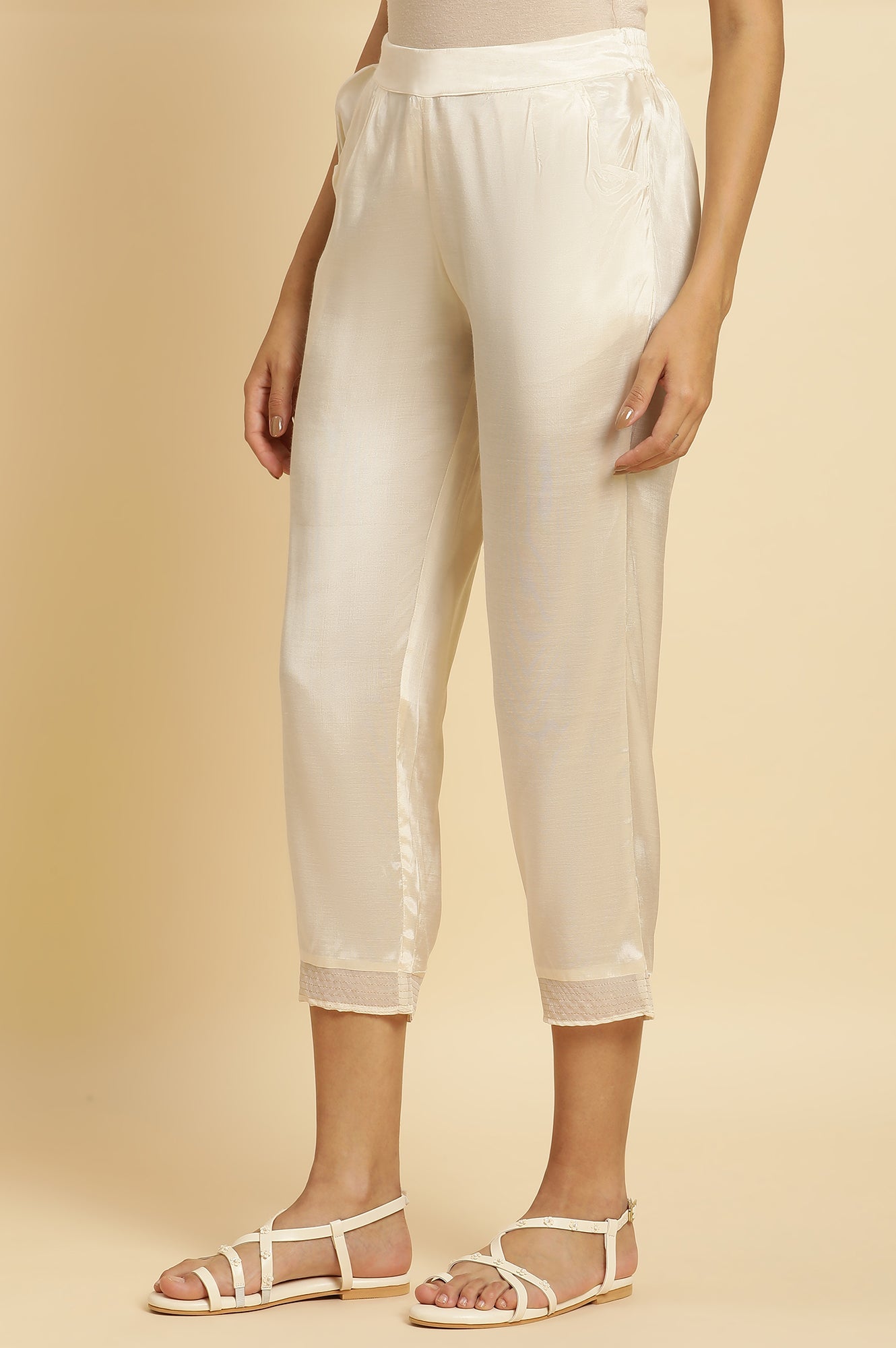 Cream Shantung Solid Slim Pants