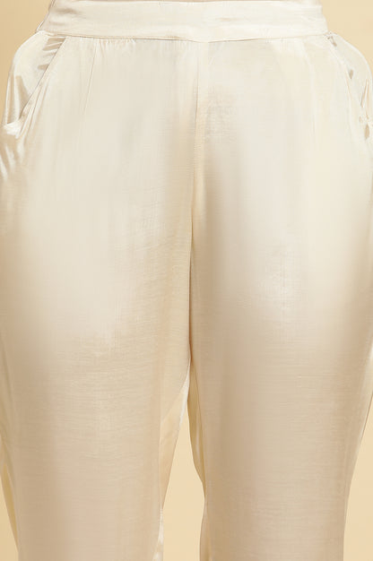 Cream Shantung Solid Slim Pants