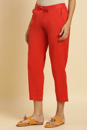 Orange Cotton Flax Solid Slim Pants