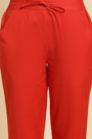 Orange Cotton Flax Solid Slim Pants