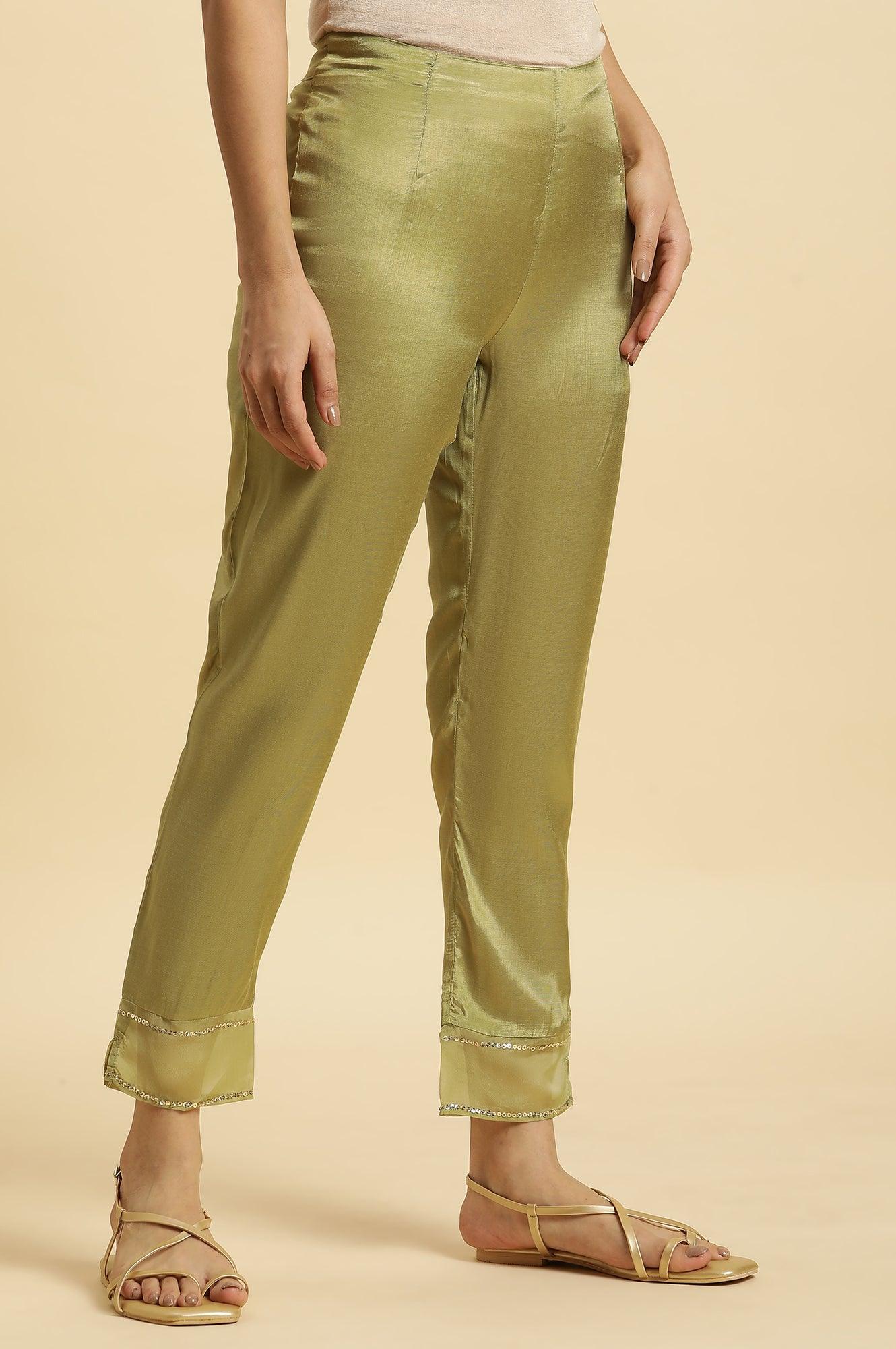 Green Solid Slim Pants With Organza Insert - wforwoman