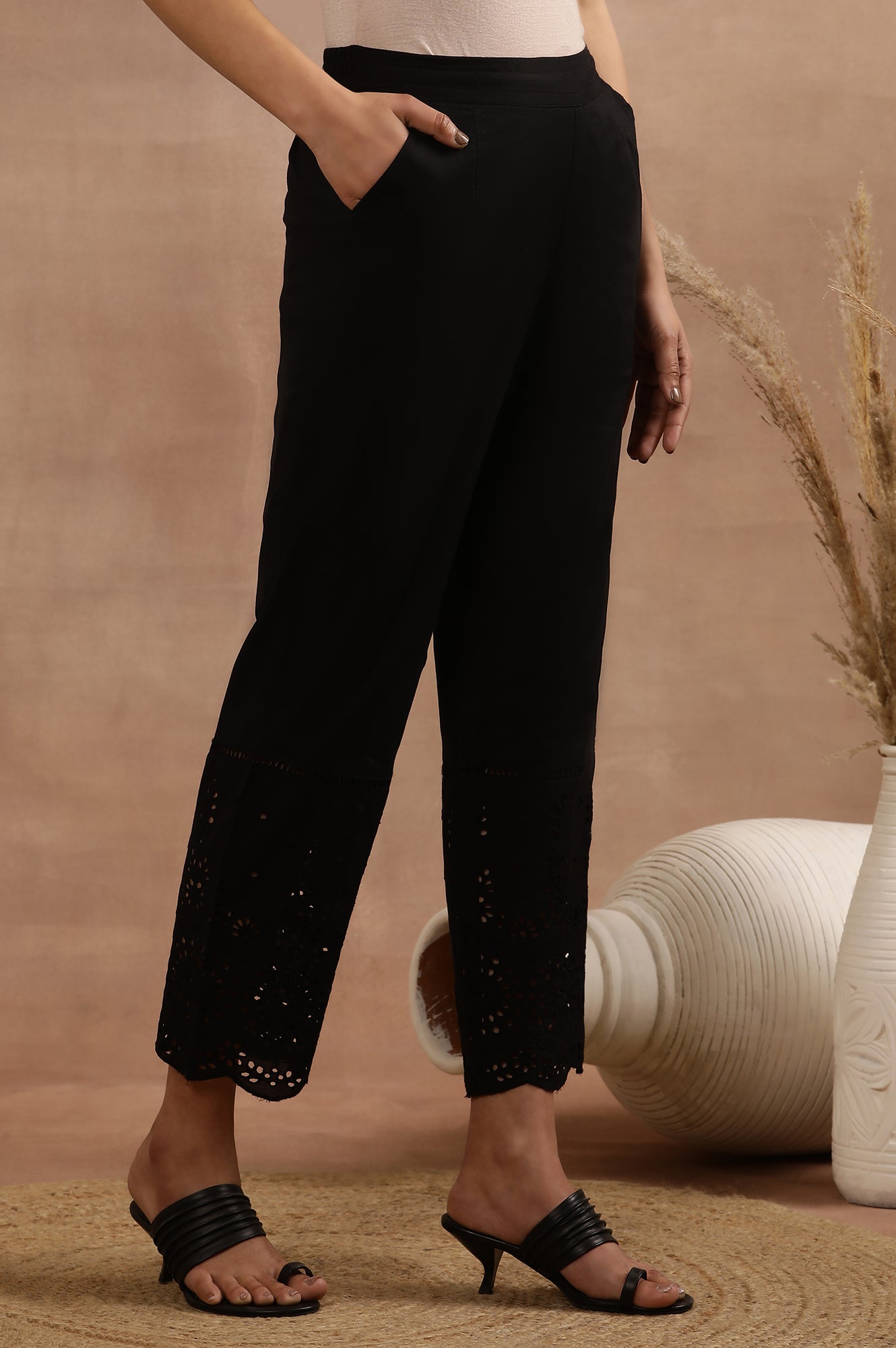 Black Schiffli Straight Pants