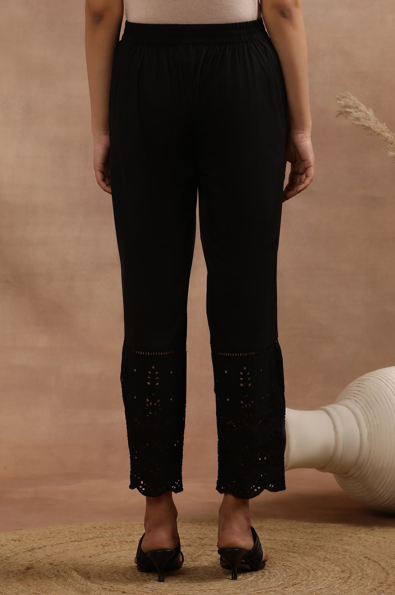 Black Schiffli Straight Pants