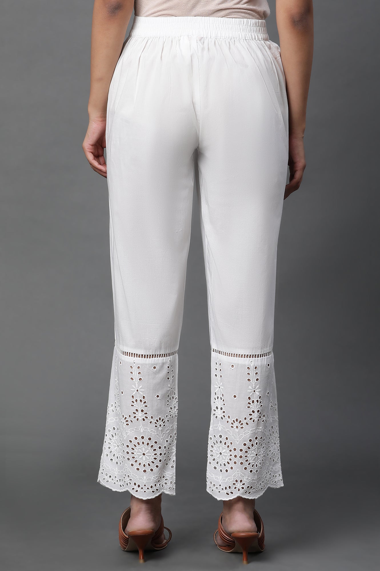 White Schiffli Straight Pants