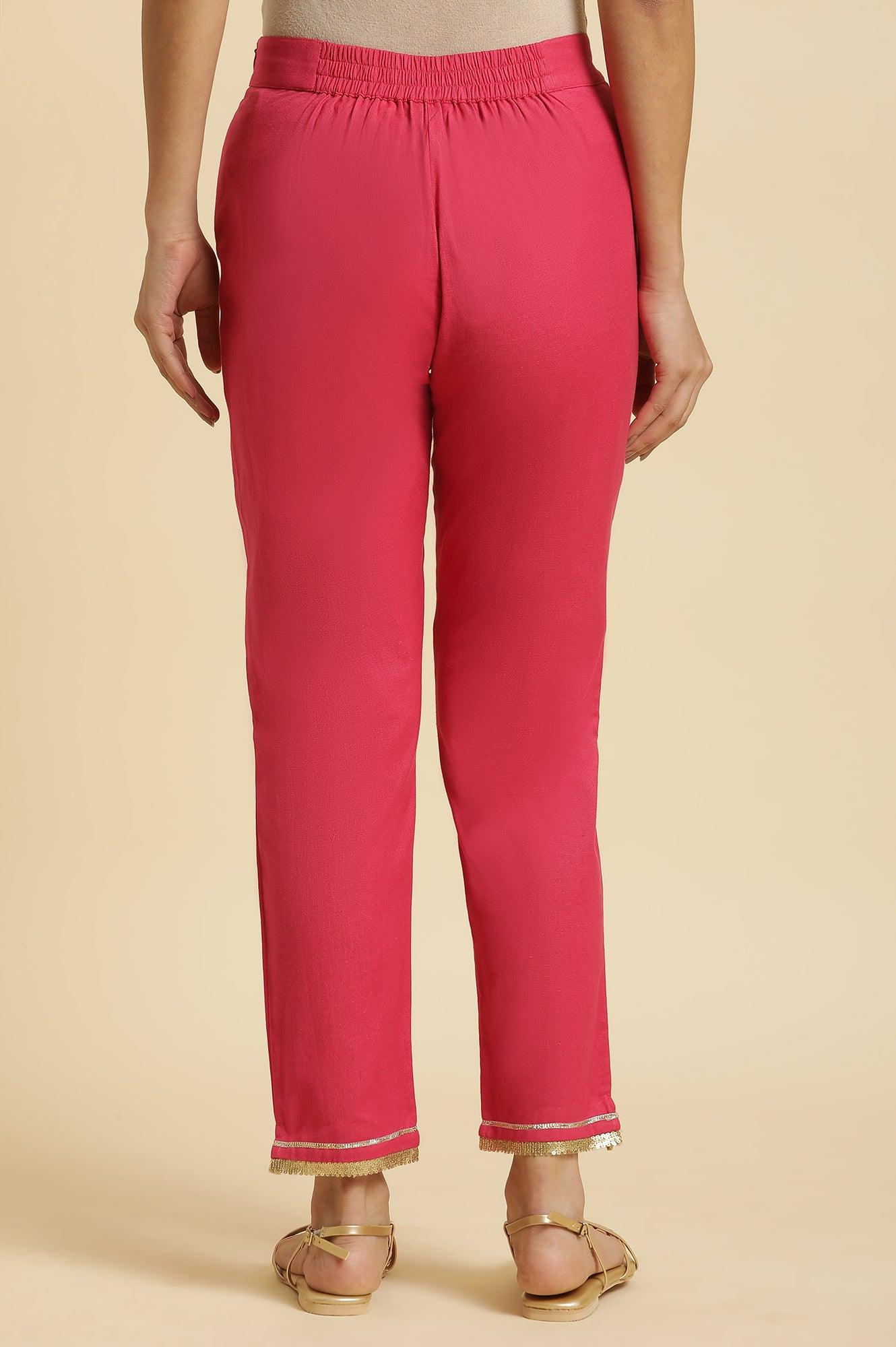 Pink Solid Pants With Gota Trim At Hem - wforwoman