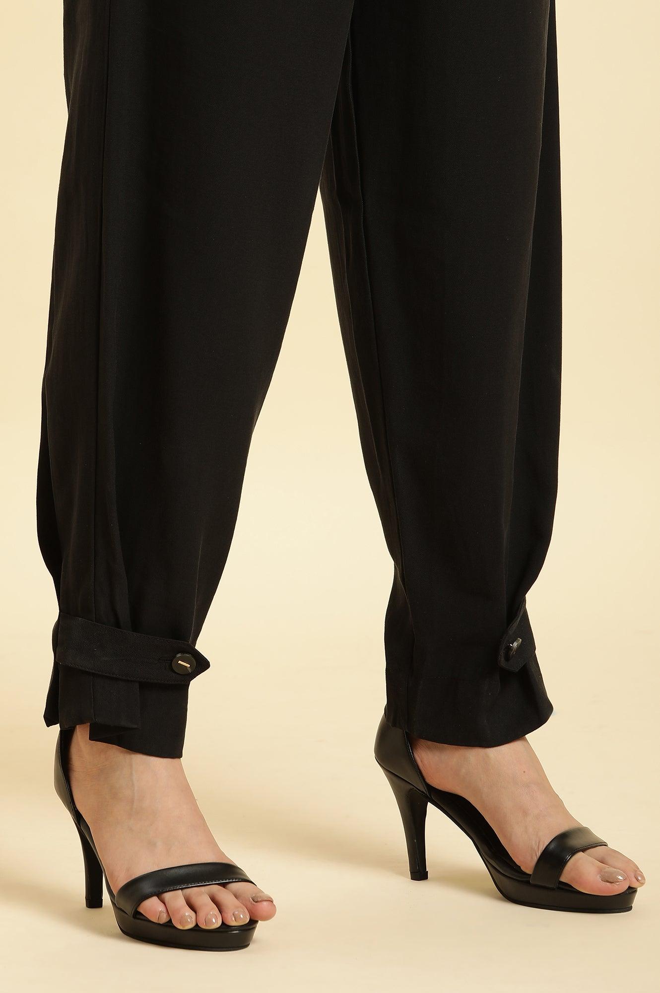 Black Straight Trouser With Button Tab On Hemline - wforwoman