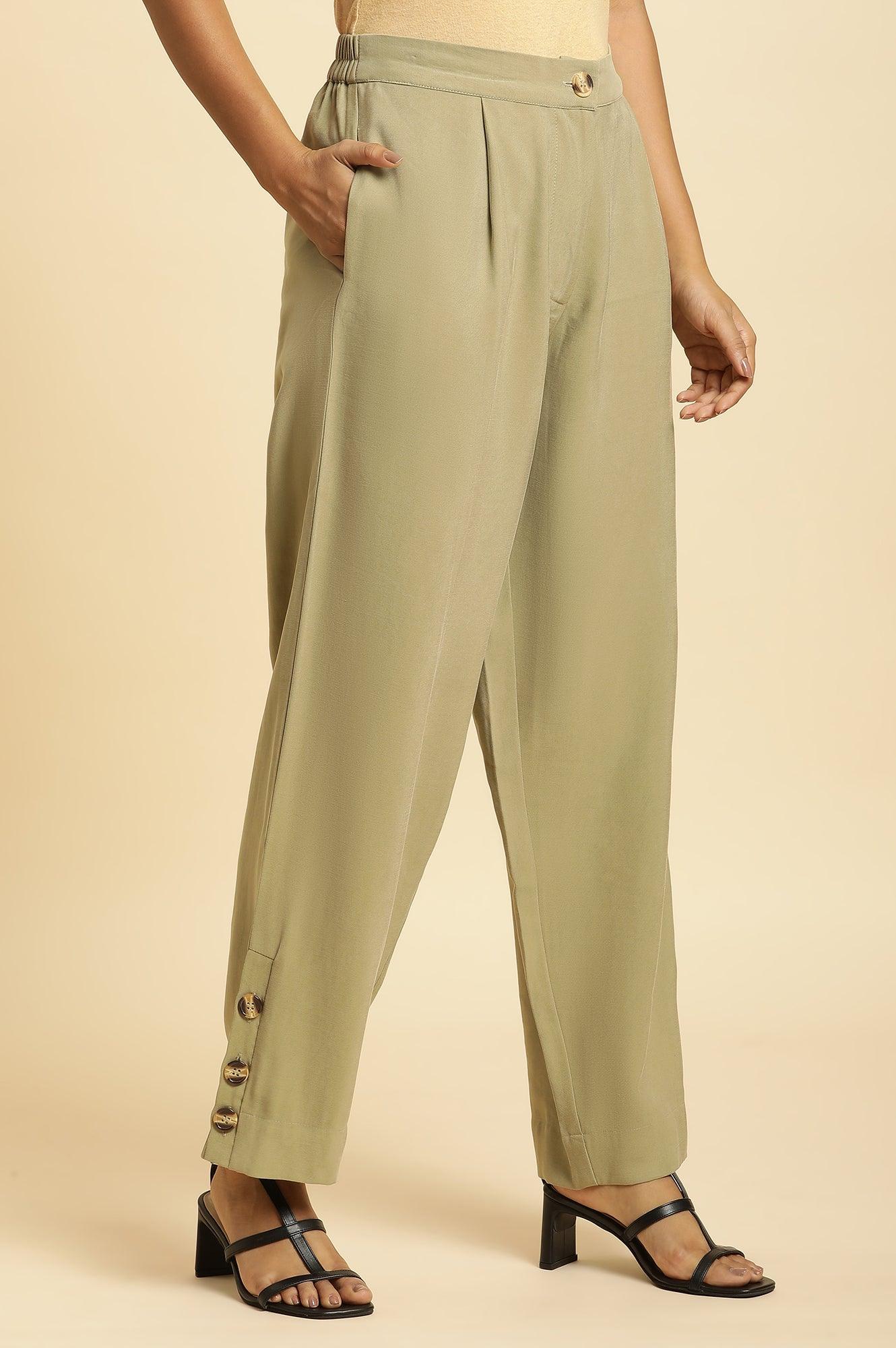 Green Taper Pleated Trouser With Buttom On Hemline - wforwoman