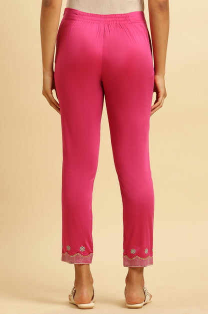 Pink Slim Pants With Embroidered Hemline