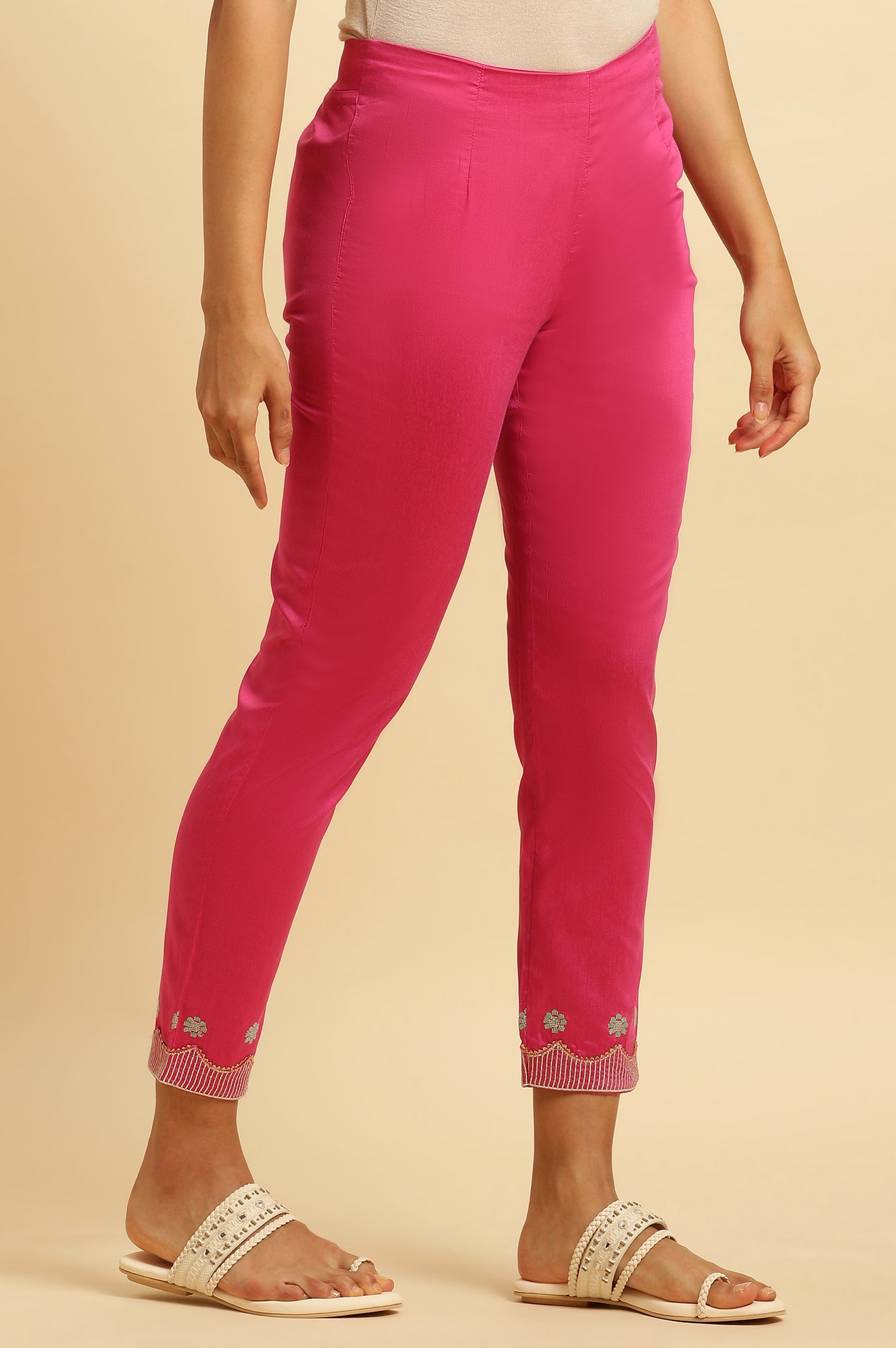 Pink Slim Pants With Embroidered Hemline