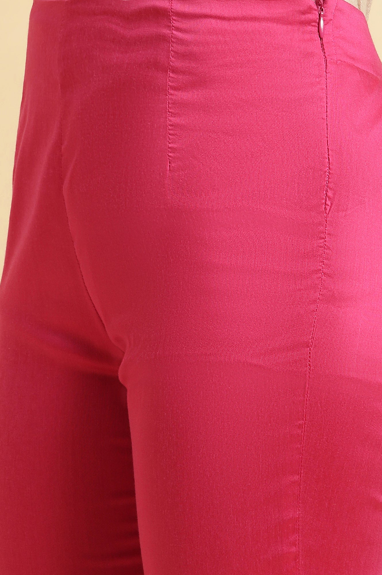 Pink Slim Pants With Embroidered Hemline