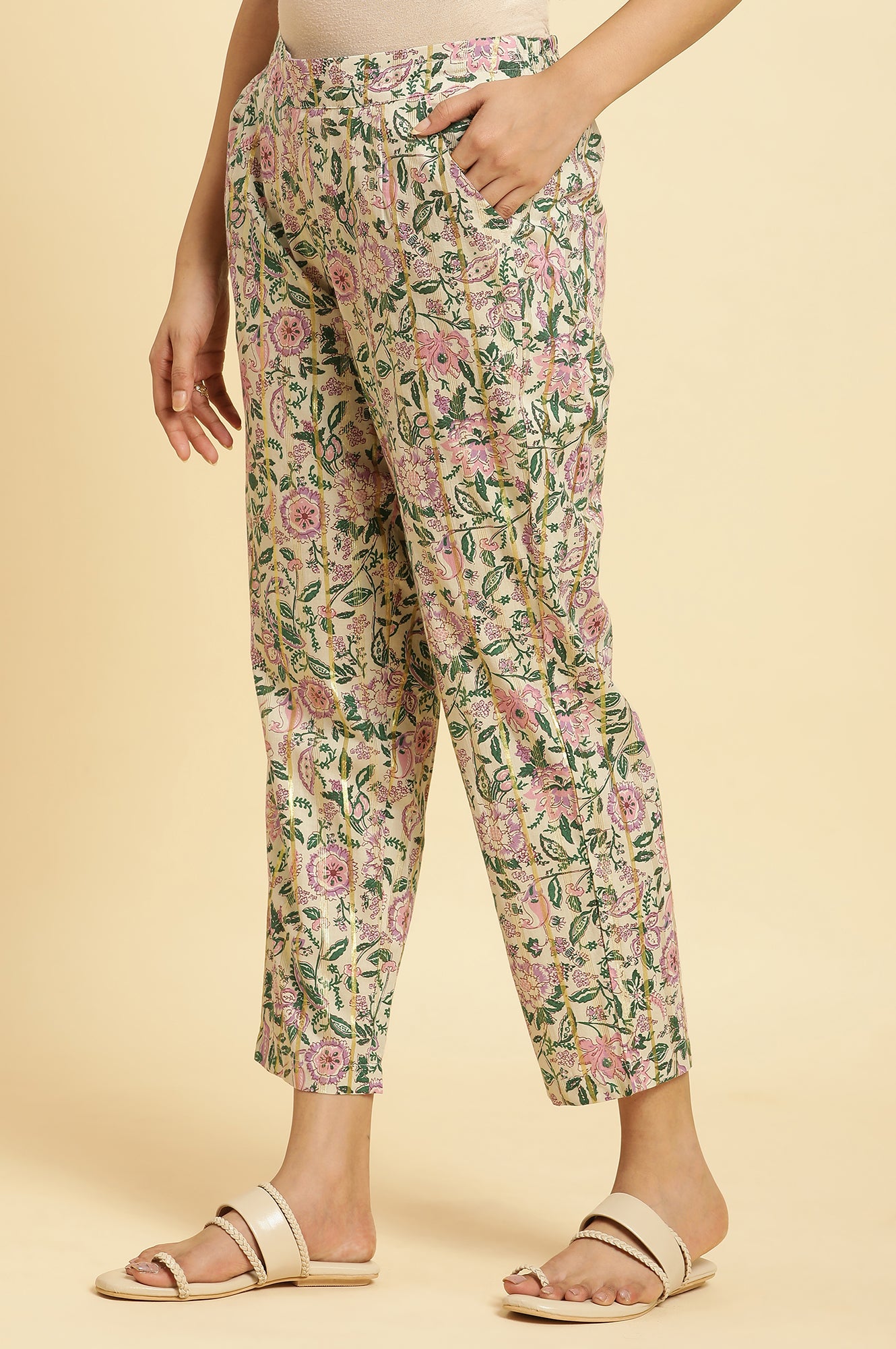 Ecru Straight Pants With Multi-Coloured Floral Print