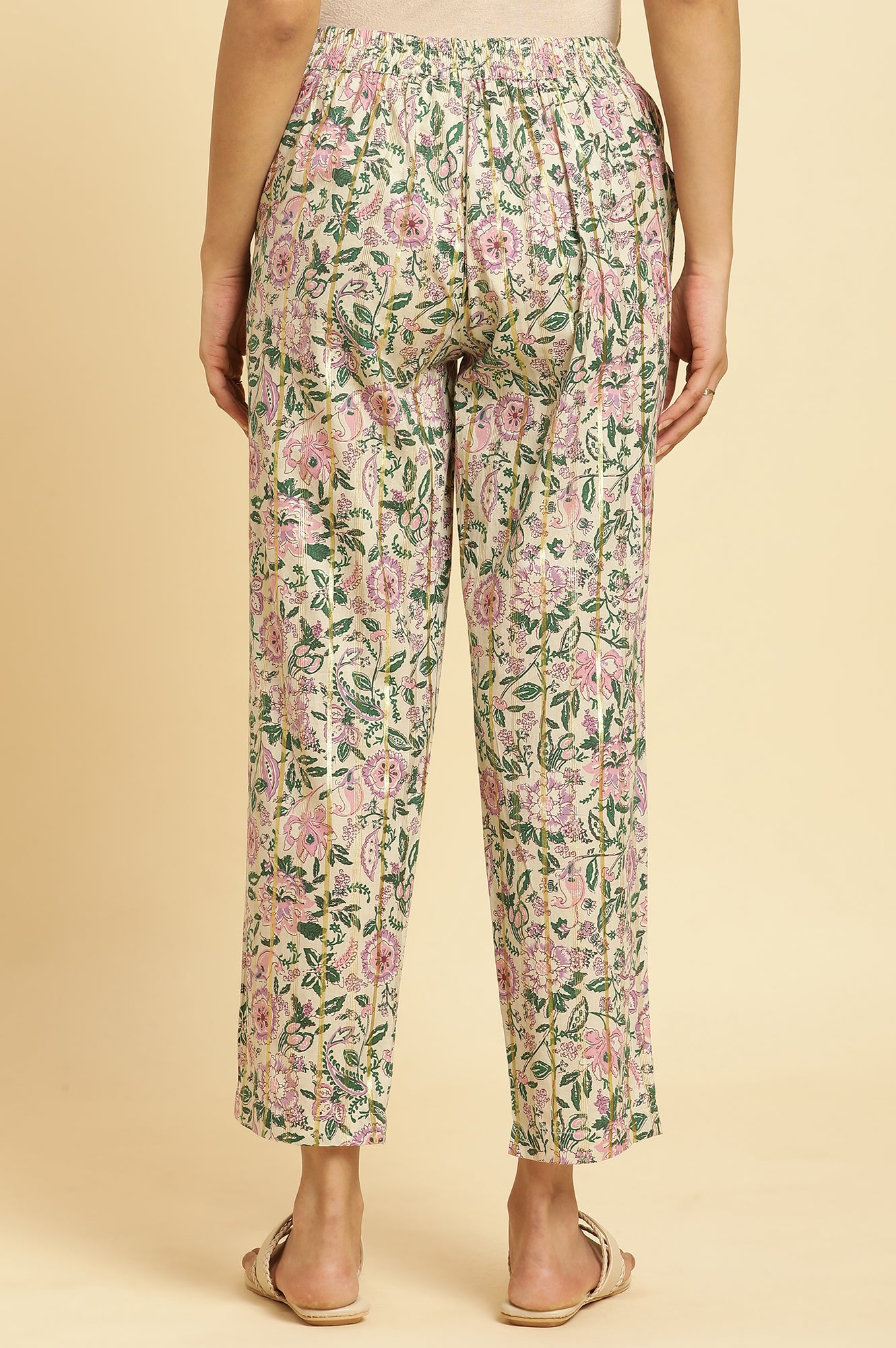 Ecru Straight Pants With Multi-Coloured Floral Print