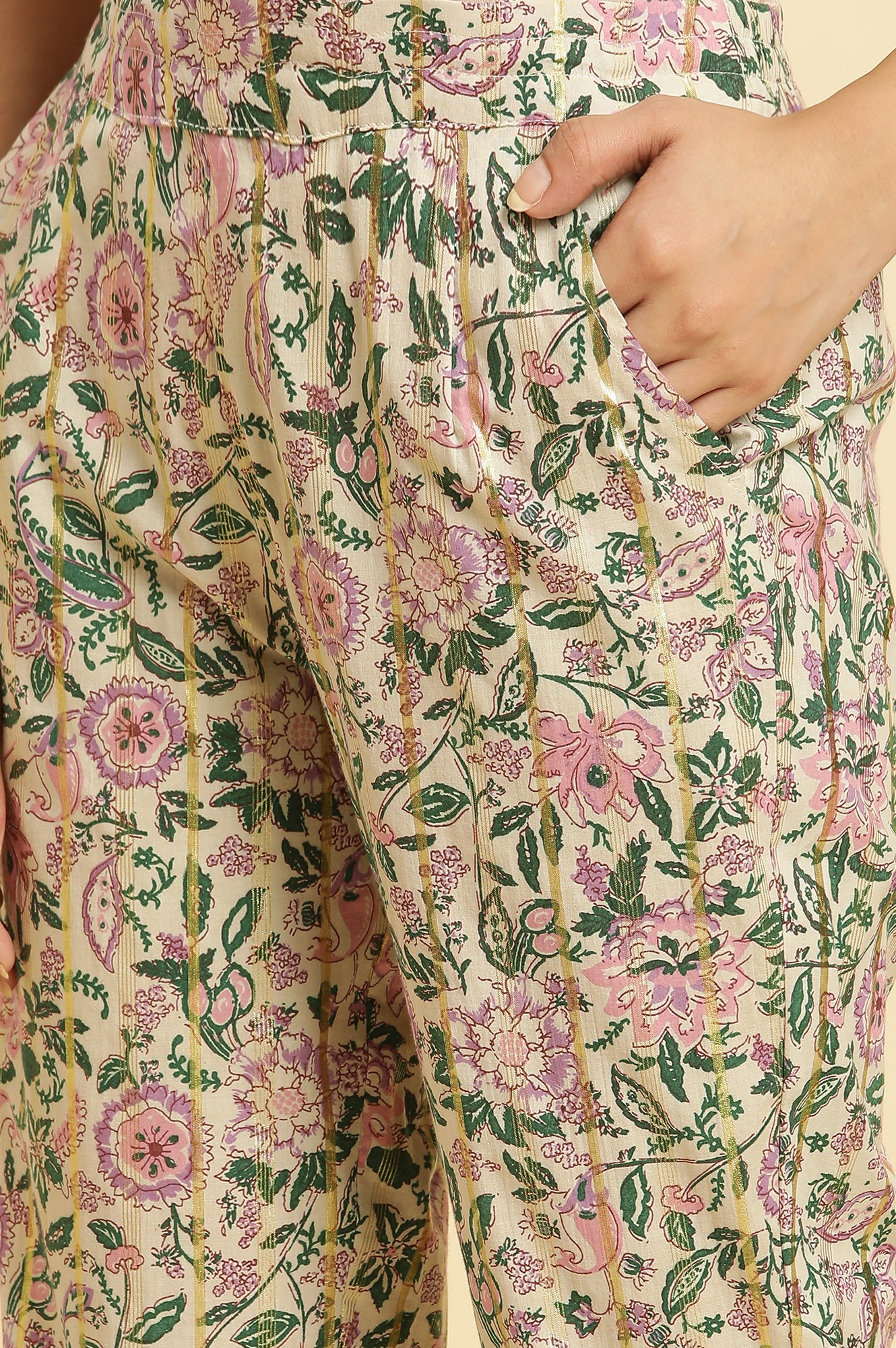 Buy Ecru Straight Pants With Multi-Coloured Floral Print