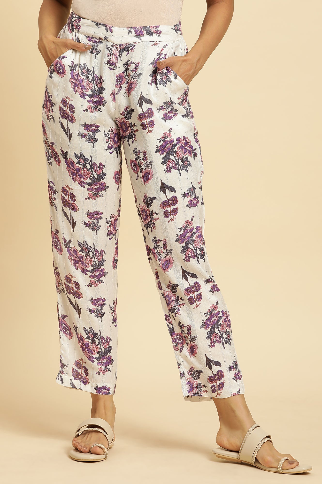 Ecru Straight Pant With Purple Floral Print