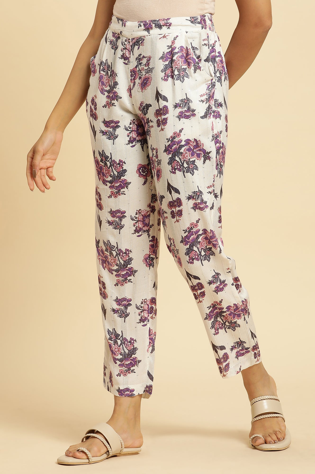Ecru Straight Pant With Purple Floral Print