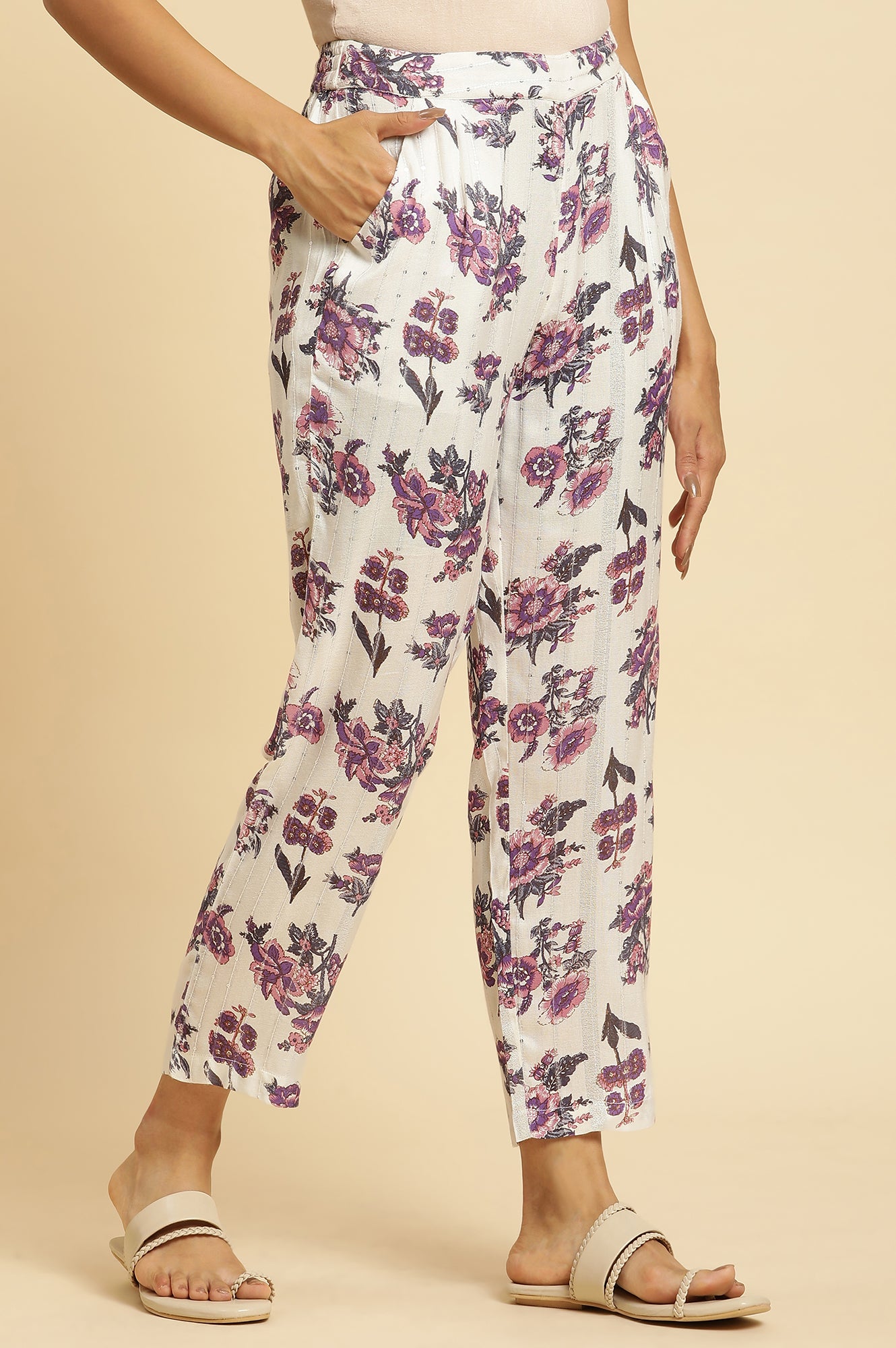 Ecru Straight Pant With Purple Floral Print