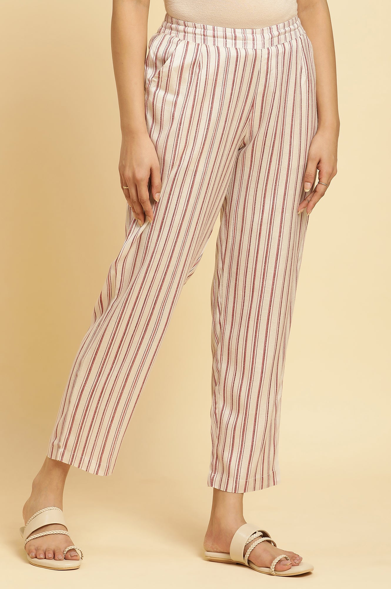 Beige Straight Pants With Red Stripes