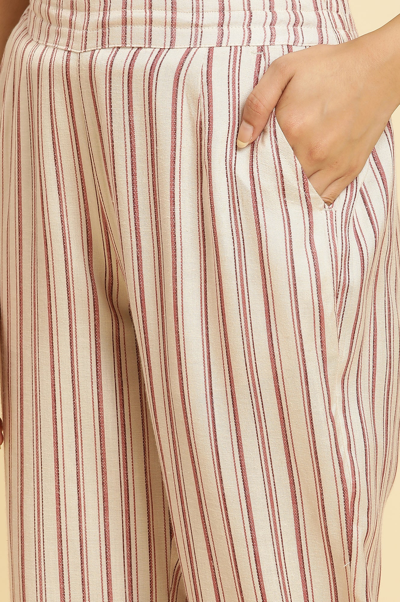 Beige Straight Pants With Red Stripes