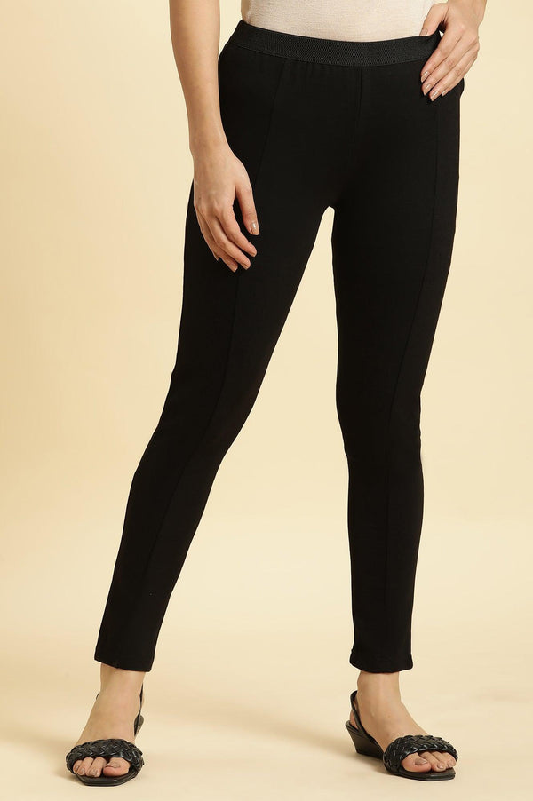 Black Solid Mid-rise Leggings in Ankle Length