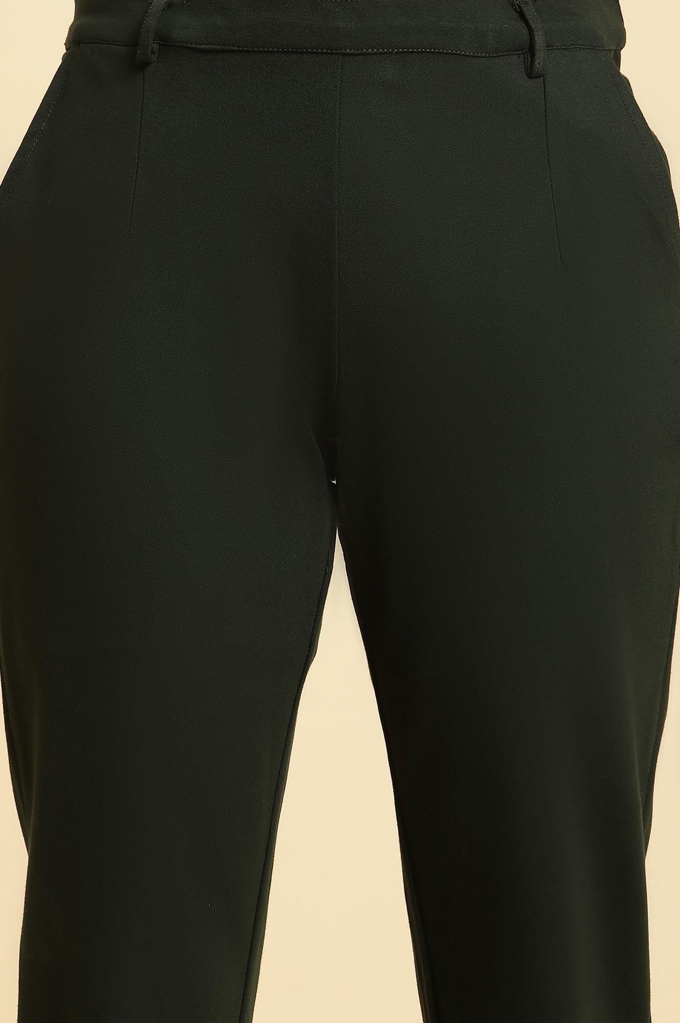 Dark Green Slim Fit Elasticated Western Pants - wforwoman