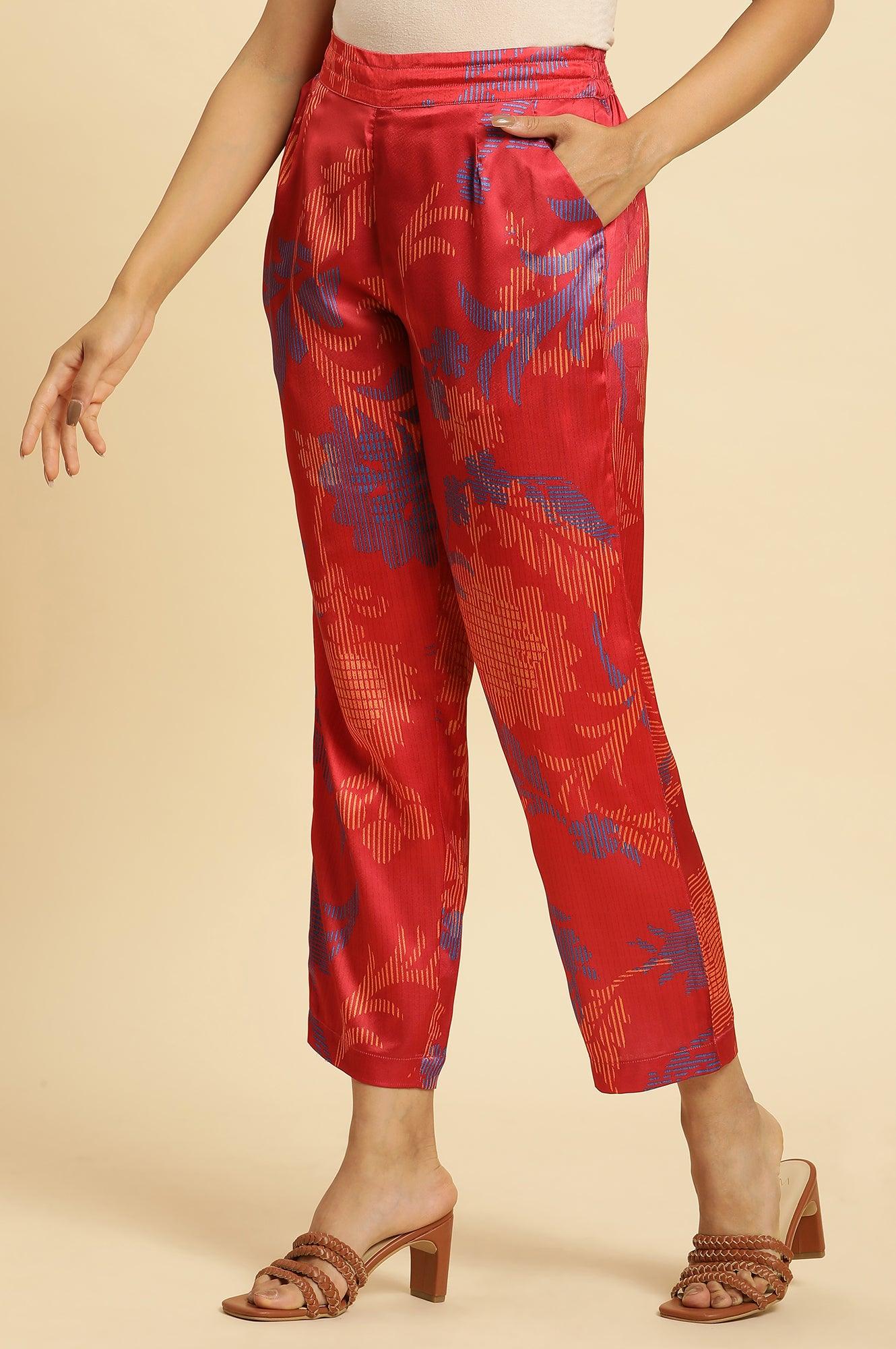 Bright Red Floral Printed Satin Pants - wforwoman