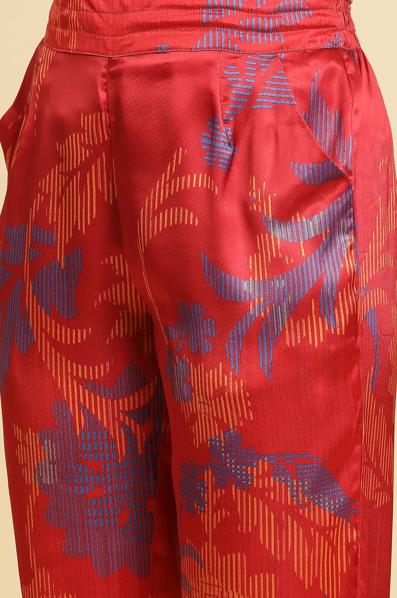 Bright Red Floral Printed Satin Pants - wforwoman