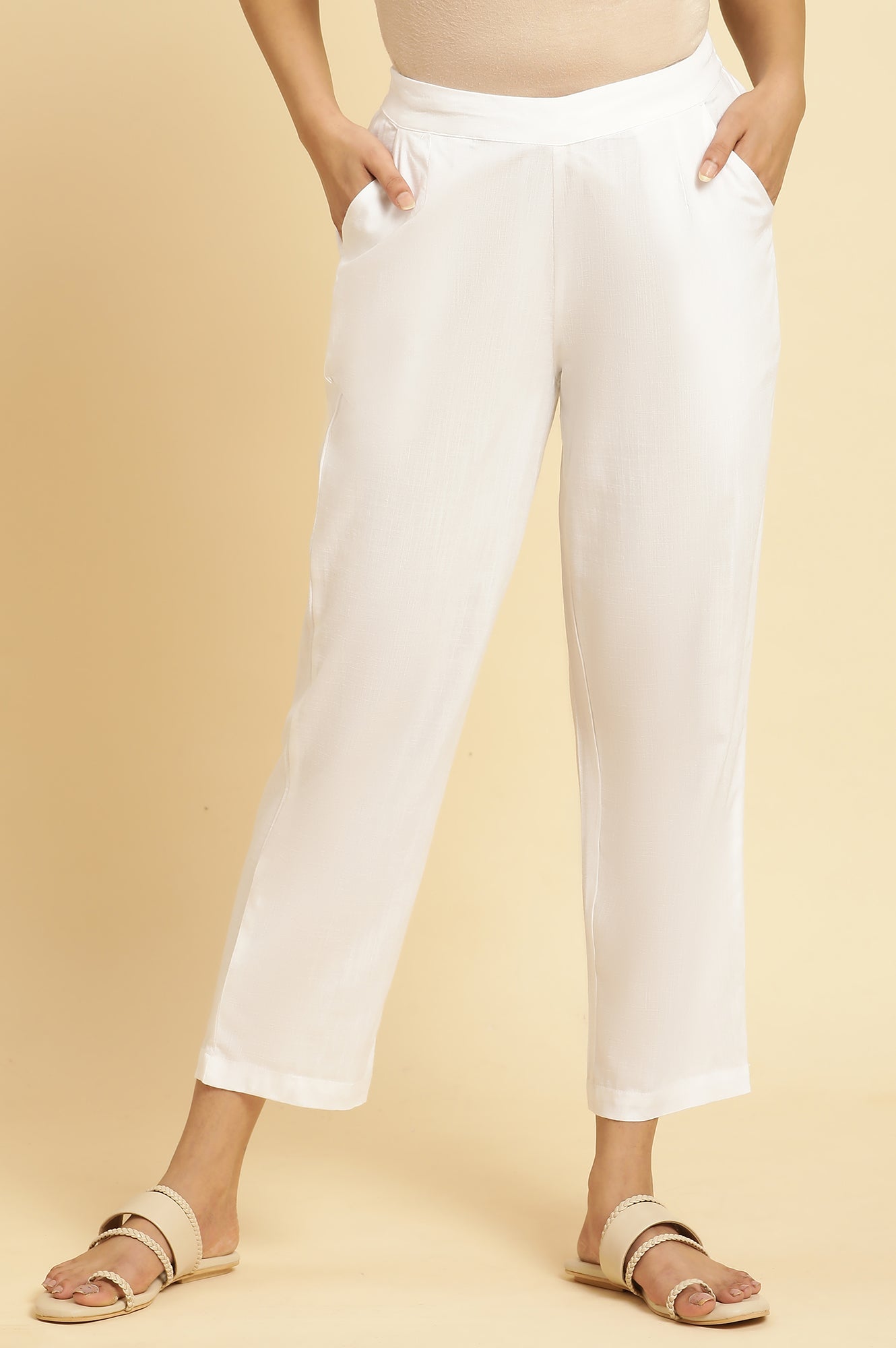 White Solid Basic Straight Pants