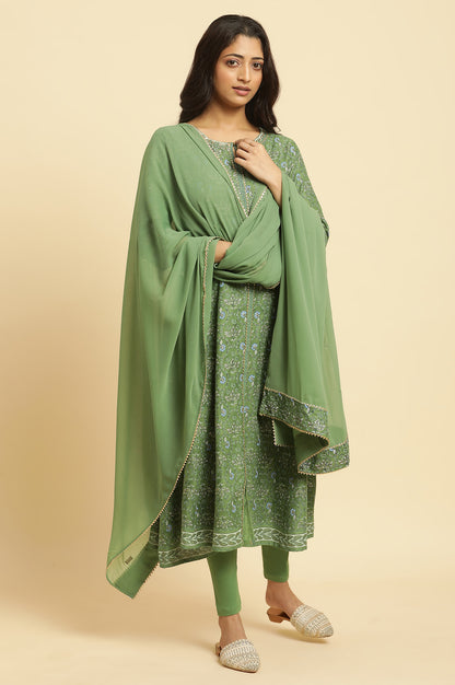 Green Solid Chiffon Dupatta With Gold Mukaish