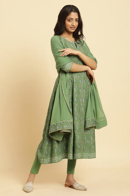 Green Solid Chiffon Dupatta With Gold Mukaish