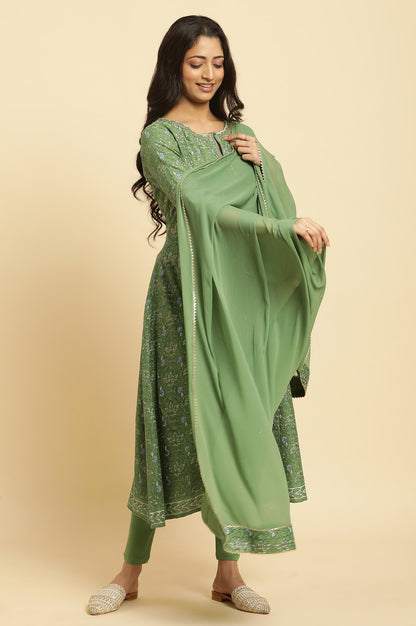 Green Solid Chiffon Dupatta With Gold Mukaish