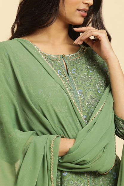 Green Solid Chiffon Dupatta With Gold Mukaish