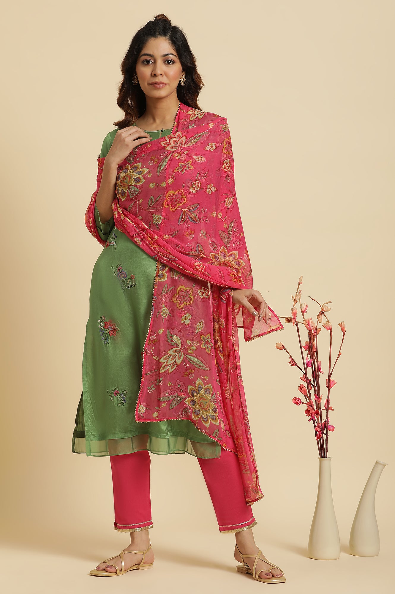 Pink Floral Printed Chiffon Dupatta