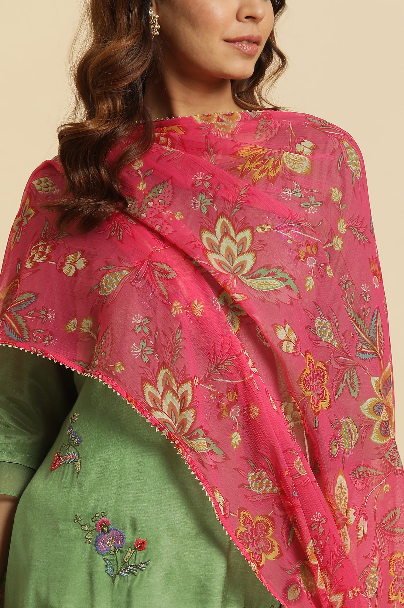 Pink Floral Printed Chiffon Dupatta