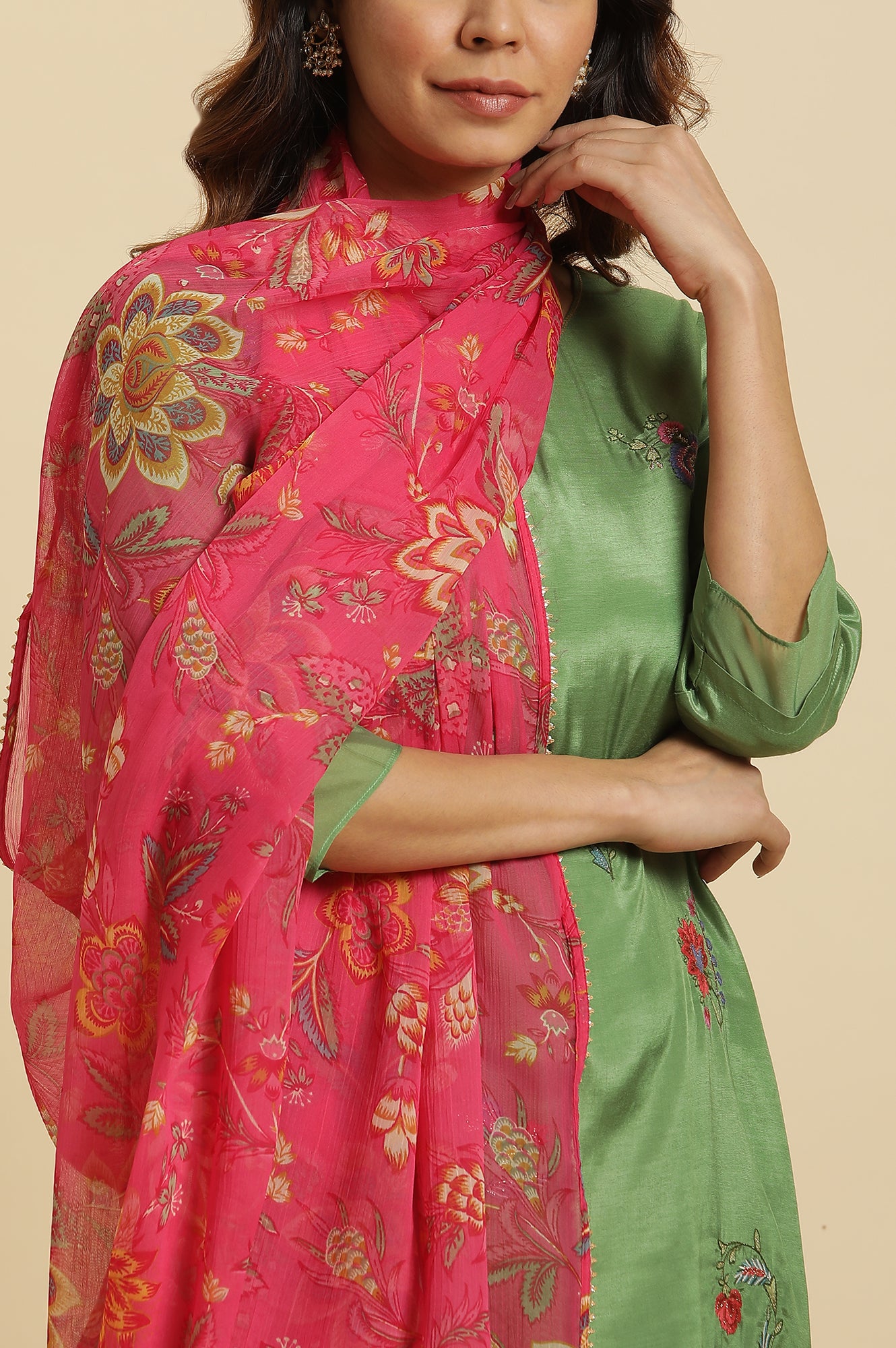 Pink Floral Printed Chiffon Dupatta