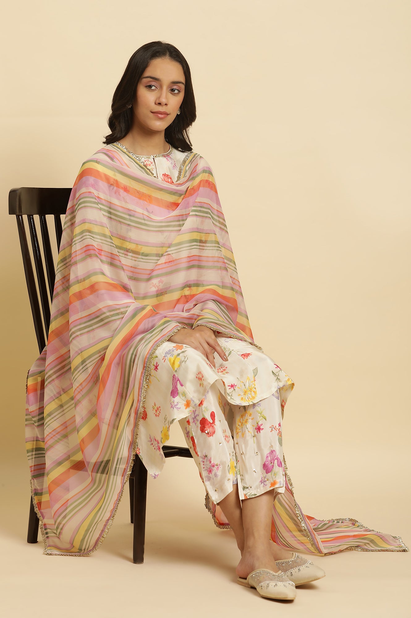 Multi-Coloured Striped Chiffon Dupatta