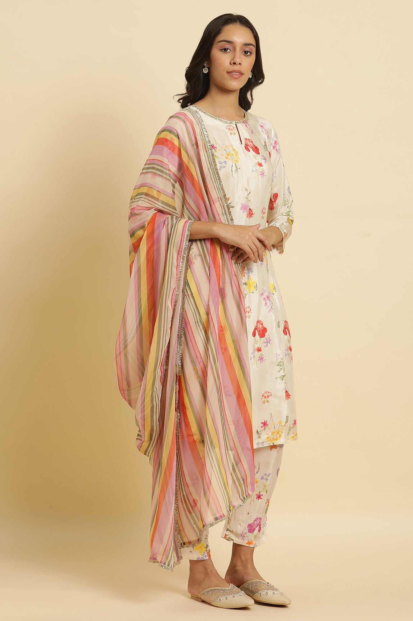 Multi-Coloured Striped Chiffon Dupatta