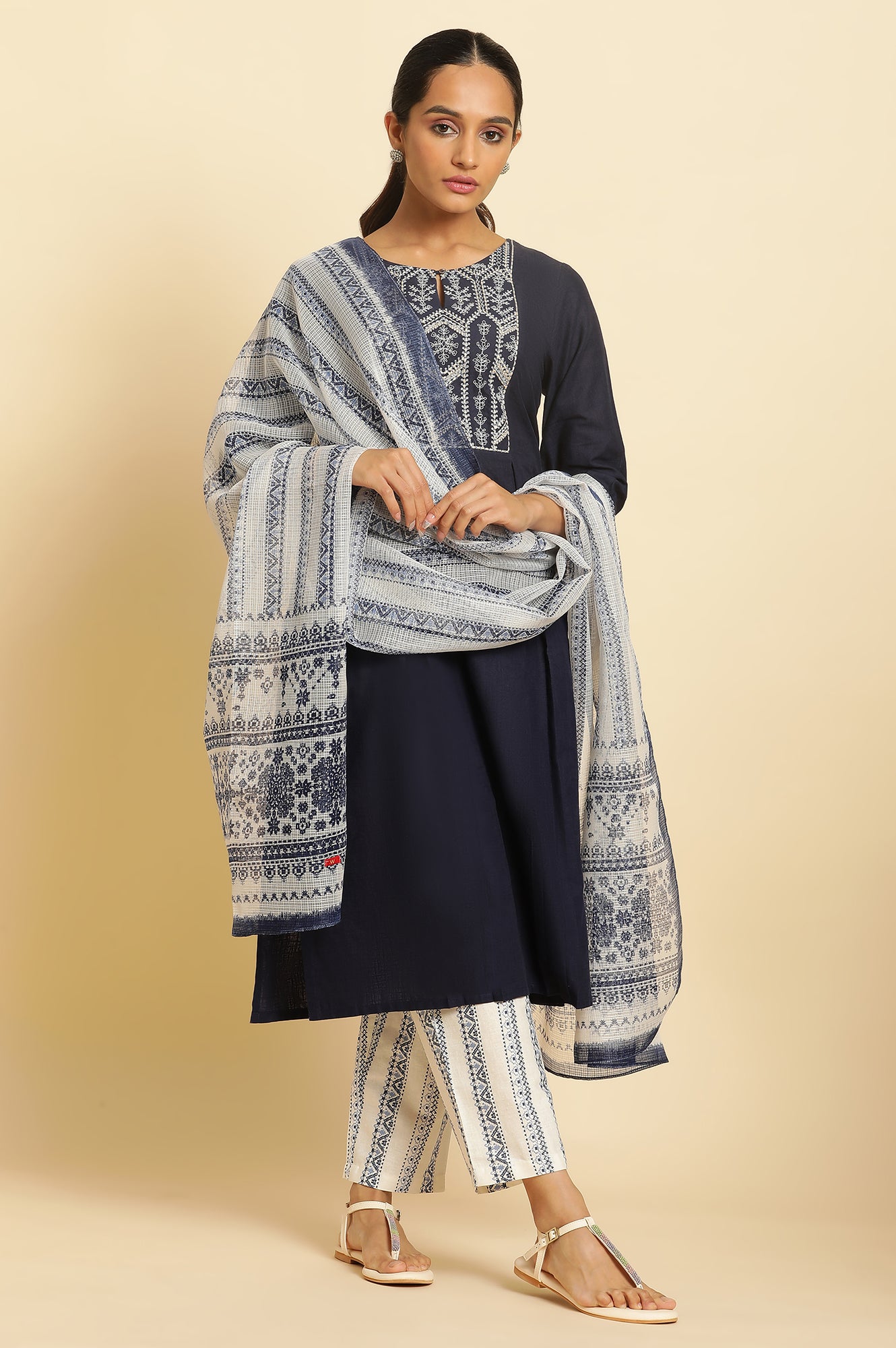 White And Blue Kota Printed Dupatta