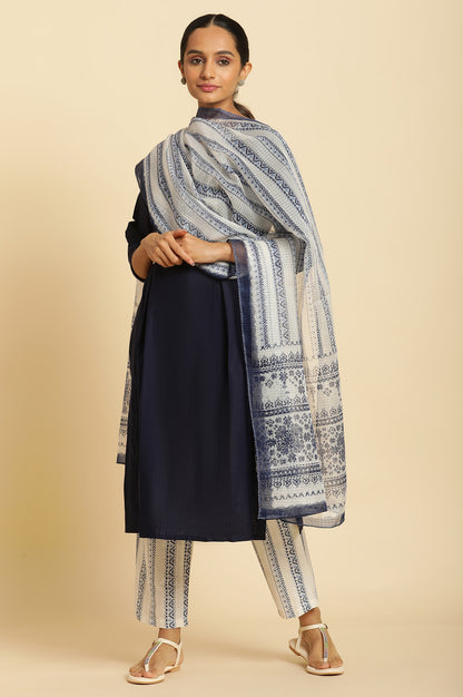 White And Blue Kota Printed Dupatta