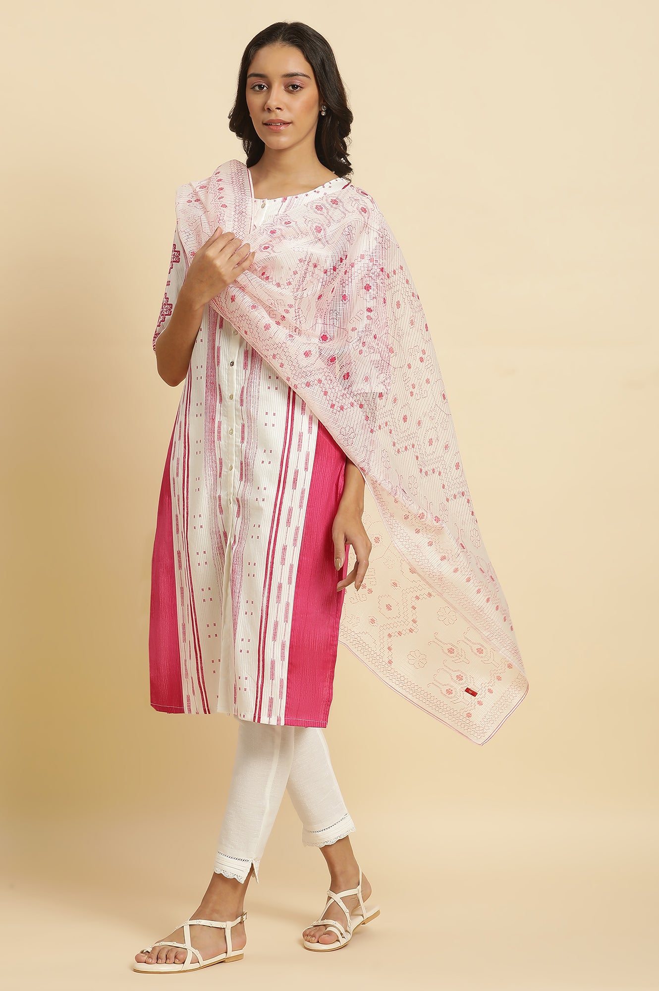 White Kota Dupatta In Pink Print