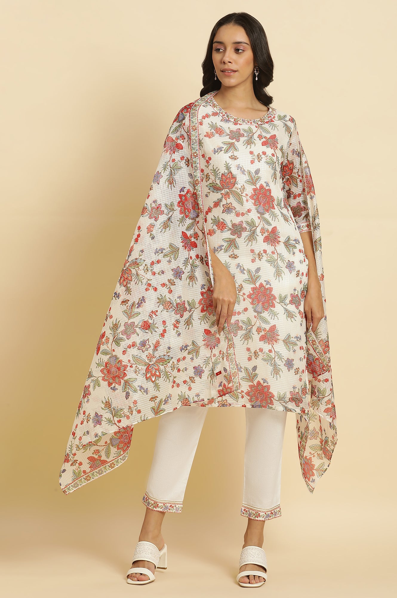 Ecru Kota Dupatta In Multi-Coloured Print