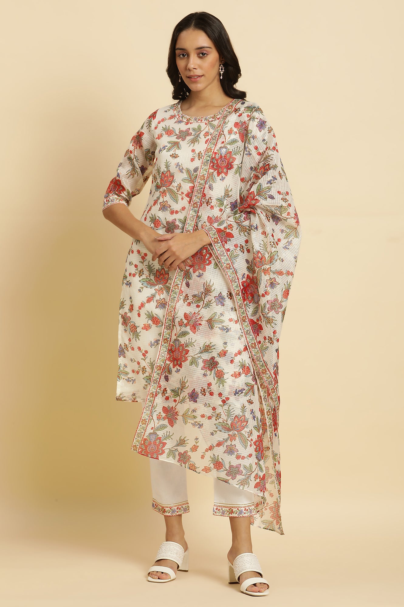 Ecru Kota Dupatta In Multi-Coloured Print