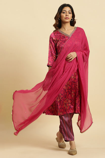 Dark Pink Chiffon Dupatta With Gota Border